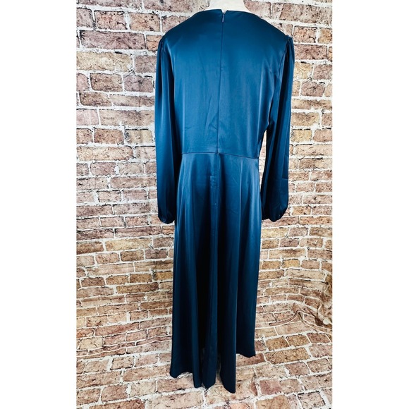 Aidan Mattox Teal Blue Satin V-Neck High-Low Midi Dress Bishop Sleeve Size 14 - Picture 9 of 16